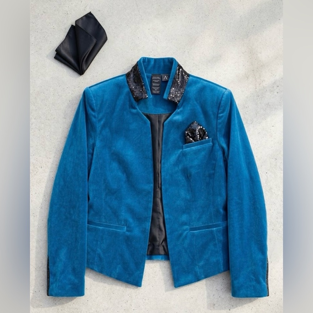 👑 Olsen Europe | Luxe Blue Velvet Sequin-Trim Blazer Size 8 👑